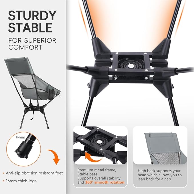 Swivel Camping Chair, High Back Folding Chair with Head Support, Side Cup Pocket, Stable Portable Outdoor Chair for Camp, Travel, Beach, Party, Fishing, Hiking, Backpacking, Black Red