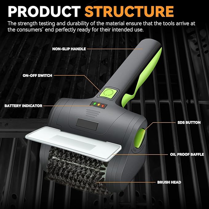 Auto Dynasty Cordless Electric Grill Brush, Rechargeable Grill Cleaning Scrub Brush with Rotating Cleaner Brush Head and Type-C Charging Cable for Outdoor Grill, Green/Black