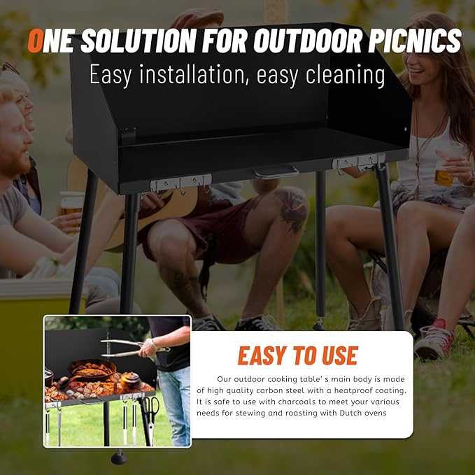 30 Inch Outdoor Camp Cooking Table, with Foldable Three-Sided Windscreen and Legs for Dutch Oven Cooking and Food Preparation with Charcoal Briquettes