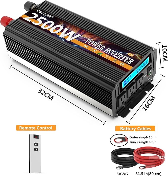2500W Power Inverter 12V DC to AC 110V/120V (Peak) 5000W Converter 3 sockets car Inverter with Remote Control and LED Display 3.4A USB Port