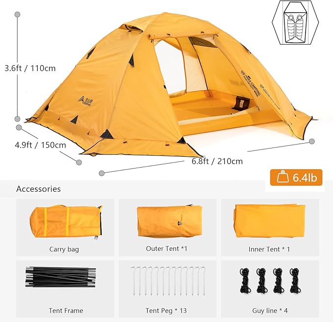 BISINNA 4 Season Tent for Backpacking Winter Tents 2 Person Lightweight Cold Weather Tents Waterproof Double Layer All Season Tent Aluminum Alloy Poles Easy Set Up for Camping, Hiking, Outdoor