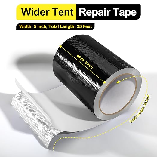 Tent Repair Tape RV Awning Repair Tape, Tent Repair Kit Waterproof Tenacious Adhesive Tape for Fabric, Awning, RV Roof, Tarp, Tent, Sail and Boat Cover (Black, 5inch×25FT)