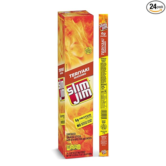 Slim Jim Giant Smoked Meat Sticks, Teriyaki Flavor, 6g Protein Per Stick, 0.97 oz. (24 Count)