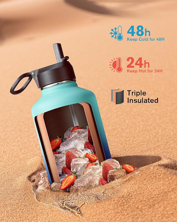 Insulated Water Bottle 64 oz with Straw & 3 Lids, Coolflask Half Gallon Water Jug Large Metal Stainless Steel Wide Mouth for Sports, Gym or Office, Non-BPA Keep Cold 48H Hot 24H, Pacific Prince