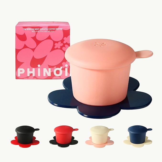 – Vietnamese Coffee Dripper – MIX COLORS – Pour Over Coffee Maker with Flower Design – Reusable Coffee Filter for Sustainable Brewing (Pink + Navy)