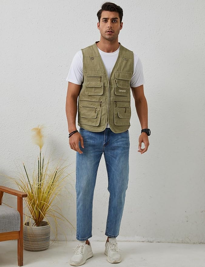 Gihuo Men's Fishing Vest Casual Utility Travel Safari Cargo Outdoor Work Photo Fly Vest Jacket with Multi Pockets