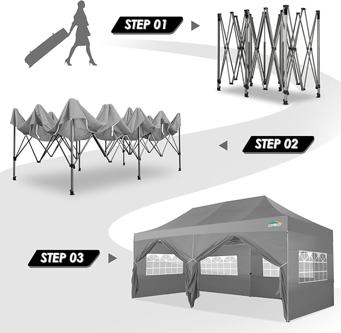 COBIZI 10x20 Canopy with Sidewalls, Heavy Duty Party Tent Pop up carpas para Fiestas, Tents for Parties, Wedding, Outdoor Ez up Foldable Portable Canopy Tent with Wheeled Bag, Grey(Windproof Upgrade)