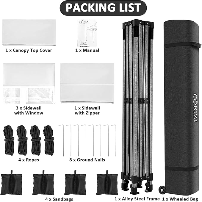 COBIZI 10x10 Pop Up Canopy with 4 Sidewall,Heavy Duty Canopy UPF 50+ All Season Wind Waterproof Commercial Outdoor Wedding Party Tents for Parties Canopy Gazebo with Roller Bag (10 x 10 ft White)