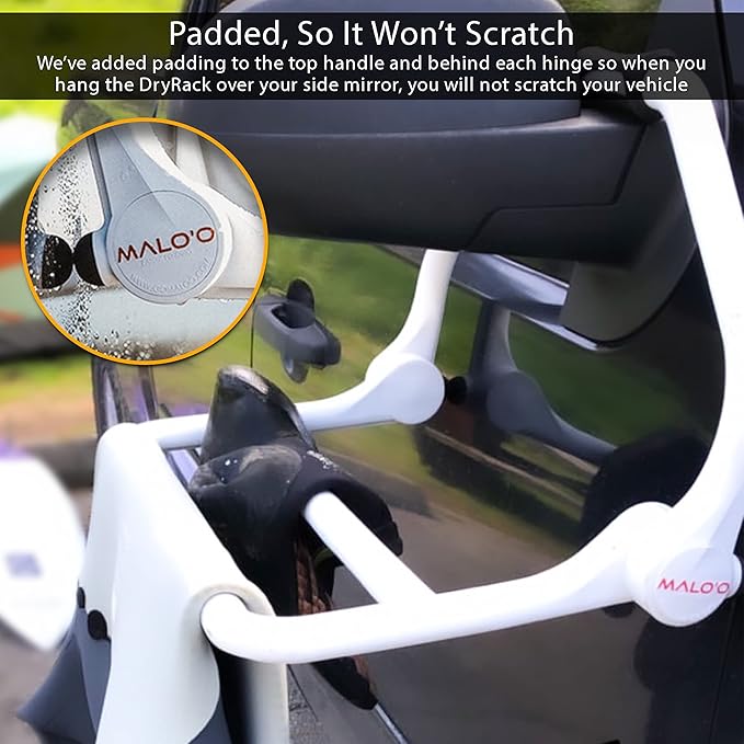 Malo'o Portable Drying Rack – Perfect for Wetsuit Drying, Camping, Fishing & Scuba Gear. The Heavy Duty Hangers Have 2 Drying Bars for Wet Suits or Hockey Gear and can Hang Off The Side View Mirror