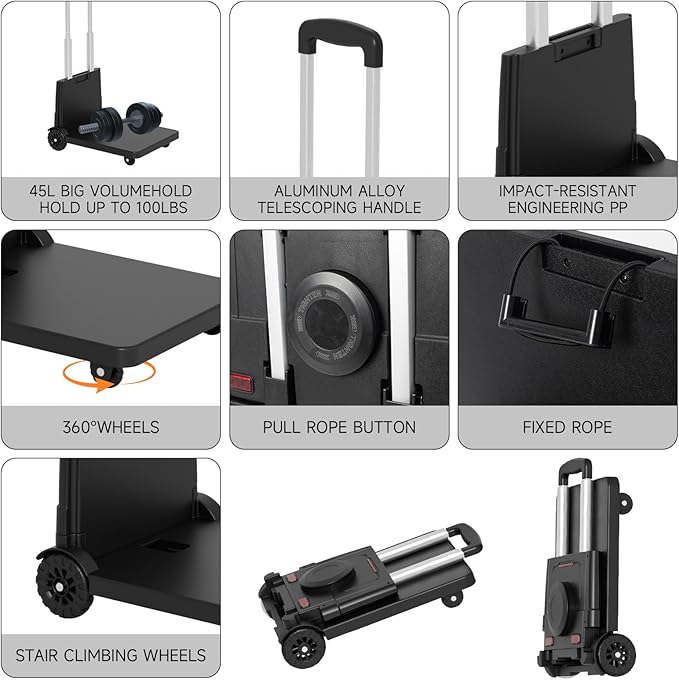 Folding Trolley for Moving, 220 lbs Heavy Duty Luggage,4 Wheel Foldable,Expandable Platform with Bungee Cord, Portable Moving Utility Carts Trolley Cart, (Black, M)