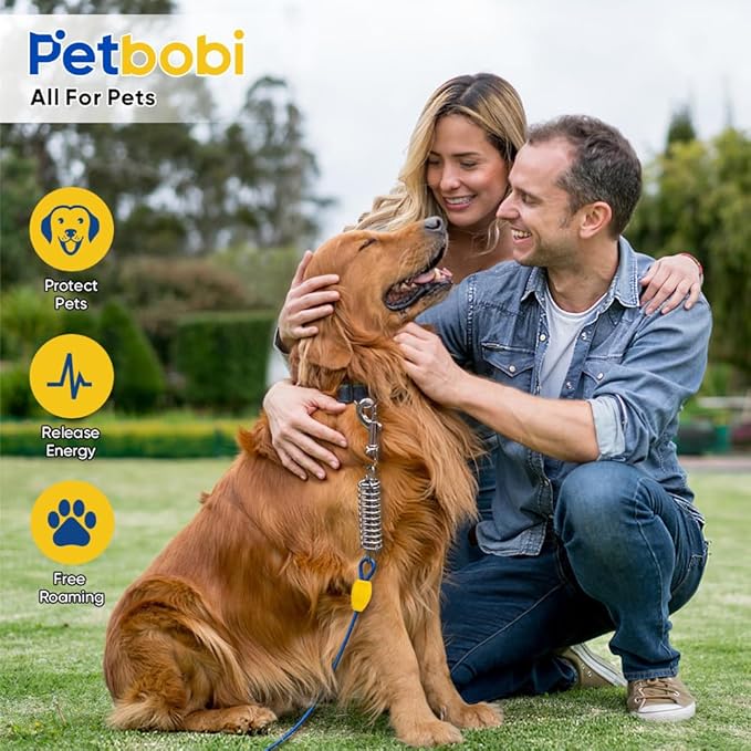 Petbobi Dog Tie-Out Cable and Stake - 50ft Heavy Duty Cable with Spring, No Tangle, 16in Ground Stake, Ideal for Yard, Camping and Beach, Suitable for Small Medium Large Dogs Up to 120 lbs, Blue