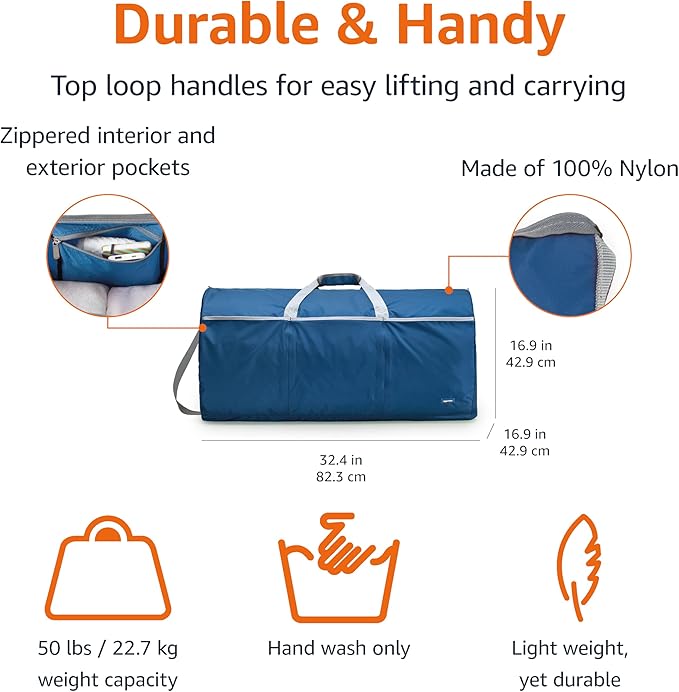 Amazon Essentials 32.4" Extra Large Foldable Nylon Duffel Bag for Travel/Storage with Zippered Pockets, 9254 Cubic Inch (150L), 50-LBS Capacity, Navy Blue (Previously Amazon Basics)