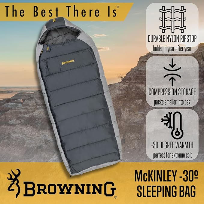 Browning McKinley -30° Sleeping Bag - Oversize Insulated Hooded Rectangle Made with Ripstop Outer and Brushed Polyester Liner, with Compression Stuff Sack, Charcoal/Gray