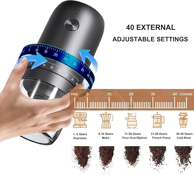 Portable Battery Powered Burr Coffee Grinder with 40 Adjustable Settings and 35g Capacity, 1800mAh Rechargeable Coffee Bean Grinder with Conical Ceramic Burr for Travel, Camping, Office, Espresso etc