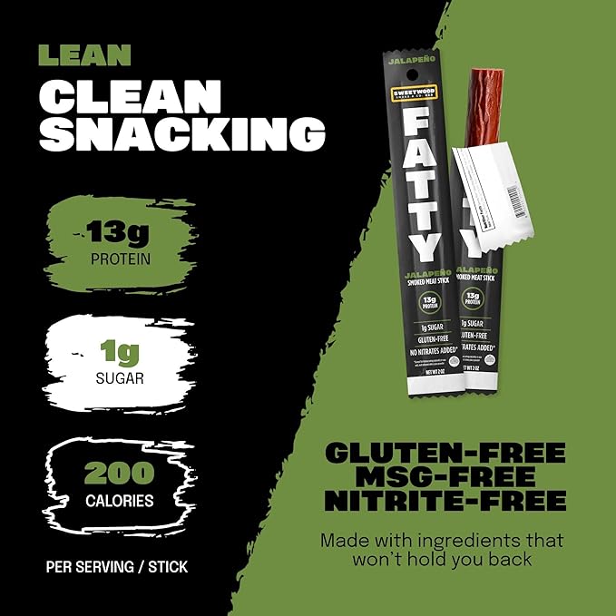 FATTY Meat Sticks, Made with Grass Fed Beef, Pork Raised Without Antibiotics, 13g Protein Per Stick, Jalapeno, 2 oz. (Pack of 5)