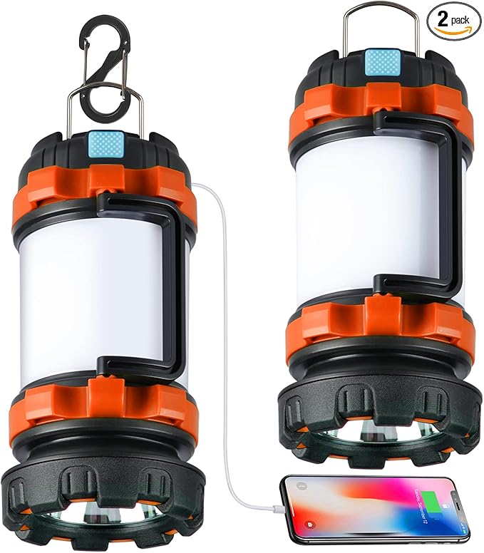2 Pack Camping Lantern, Outdoor LED Camping Light, Rechargeable Flashlights with 1000LM, 6 Modes, 4000mAh Power Bank, IPX5 Waterproof Portable Emergency Camp Light for Hurricane Survival - Orange