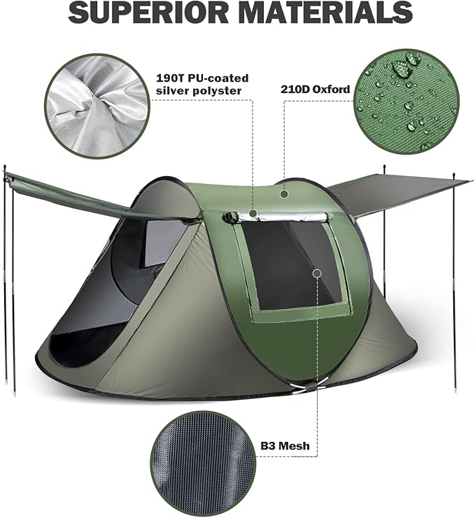 Instant Pop Up Tent, Automatic Easy Setup Outdoor Waterproof Windproof Family Tent, Upgraded 2 Doors Vestibule Sun Shelter for 2-3 People Outdoor Camping,Travelling,Hiking, Beach,Green