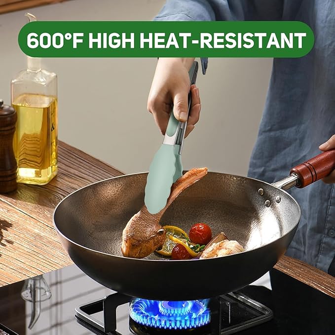Kitchen Tongs, Set of 3 Stainless Steel Tongs with Silicone Tips Locking Cooking Tongs 600ºF Heat Resistant Tong for Cooking BBQ Grilling Air Fryer Serving Food Salads, 7"+9"+12" Light Green