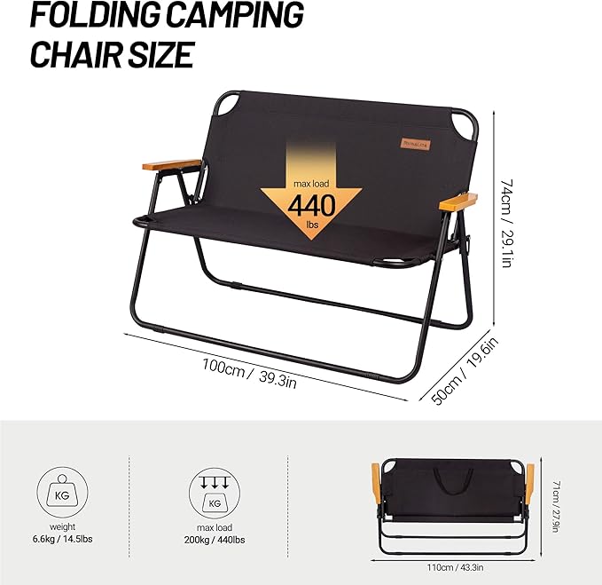 Himalaya Double Camping Chair Sofa Loveseat, Oversized Folding Bench Chair Seating Camp Chairs for Indoor Outdoor Lawn Soccer Sports Patio Beach (1 Pack Double Black)