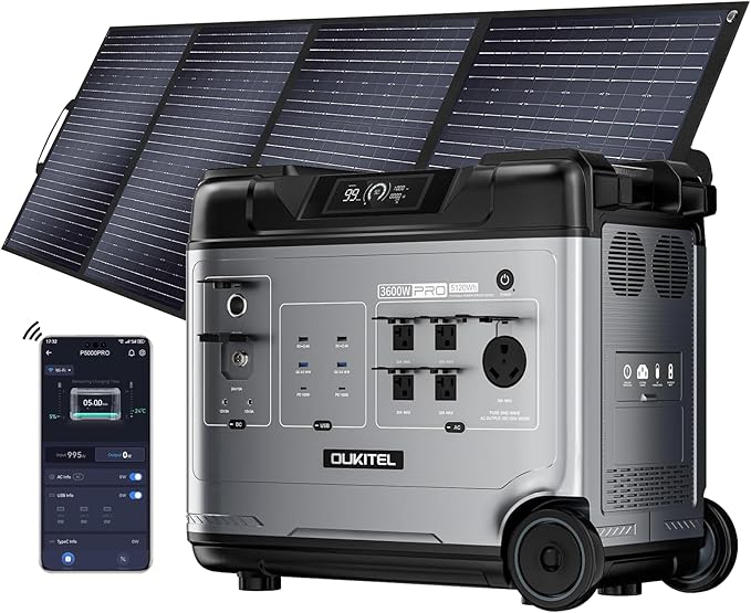 OUKITEL P5000 Pro 3600W Solar Generator with 400W Panel, 5120Wh Solar power station with 5 AC Outlets (5000W Peak), 1800W Fast Charging, Emergency Battery Backup for Home, Camping & RVs