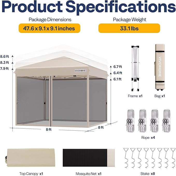 VIVOHOME 8x8ft Easy Pop-Up Canopy, Outdoor Screen Tent with Mosquito Netting, 2 Zipper Doors, and Roller Bag for Yard Camping Picnic Party Events, Beige