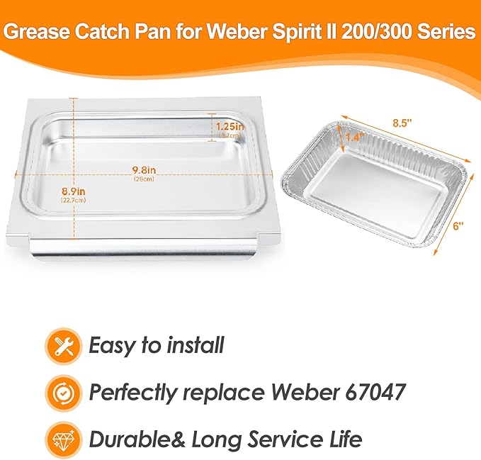 SafBbcue 67047 Grease Catch Pan Drip Pan for Spirit II E/S 210, E/S 220 Spirit II E/S 310, E/S 320, E/S 330 Genesis II 200 300 Grease Drip Tray with 12pcs Aluminum Foil Liner