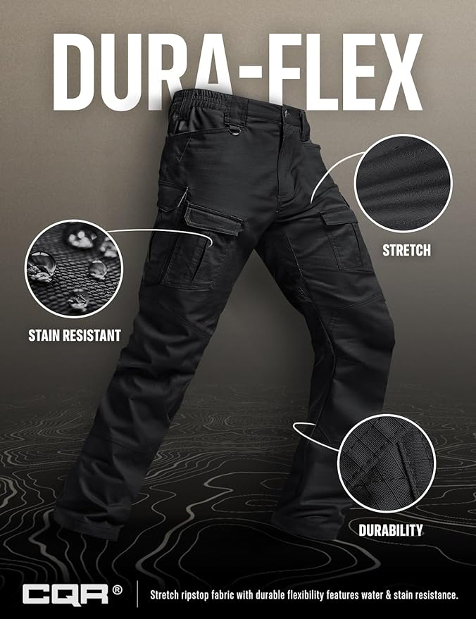 CQR Men's Flex Ripstop Tactical Pants, Water Resistant Stretch Cargo Pants, Lightweight EDC Hiking Work Pants