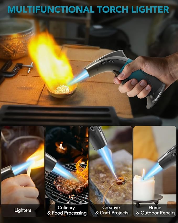 Cooking Torch Lighter - Refillable Butane Torch with Flame Lock, Adjustable Flame Mini Blow Torch Set for Cooking, Baking, Creme Brulee, Soldering (Gas Not Included)