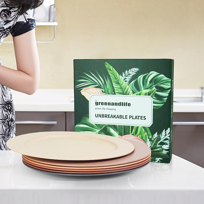 greenandlife 10inch/6pcs Dishwasher & Microwave Safe Wheat Straw Plates, Alternative for Plastic Plates, Lightweight Reusable Unbreakable Dinner Plates, Non-toxin, BPA Free for Kids Adults