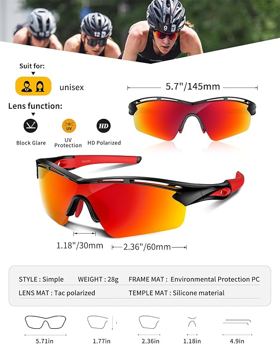 Rosemal Sports Sunglasses Polarized Cycling Sunglasses Running Driving Fishing Hiking for Men Women UV400 TAC TR90
