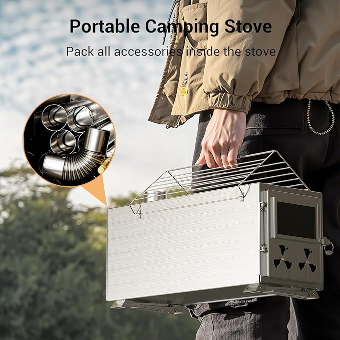 Hot Tent Stove, Camping Wood Stove for Tent, Portable Stainless Steel Wood Burning Stove with 7 Chimney Pipes for Wall Tent Camping, Cooking, Ice Fishing, Hunting, Boiling Water - Large