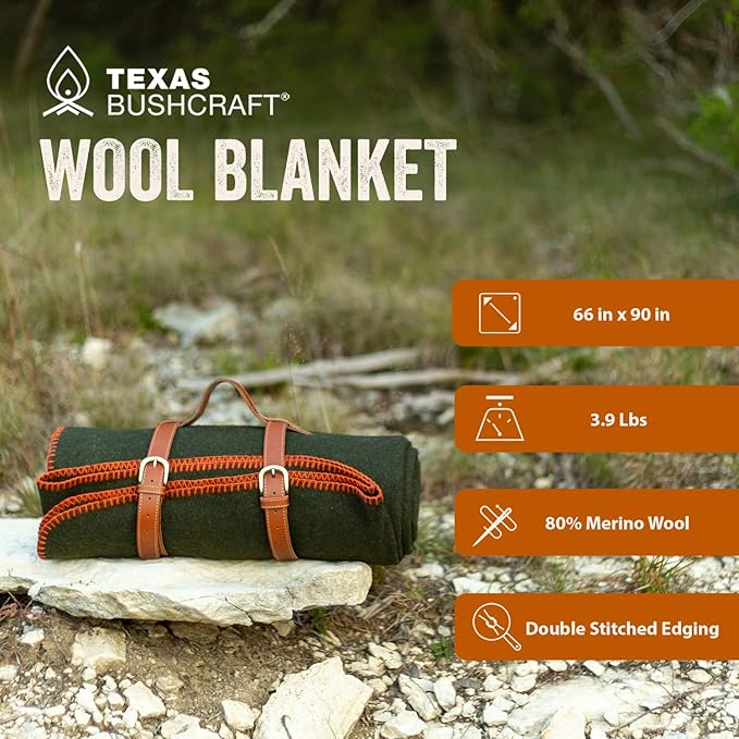 Texas Bushcraft Merino Wool Blanket for Camping Hiking and Backpacking – Water Fire Resistant Camp Car is Fast-Warming Durable with Double-Stitched Edging (66” x 90”) Burnt Orange