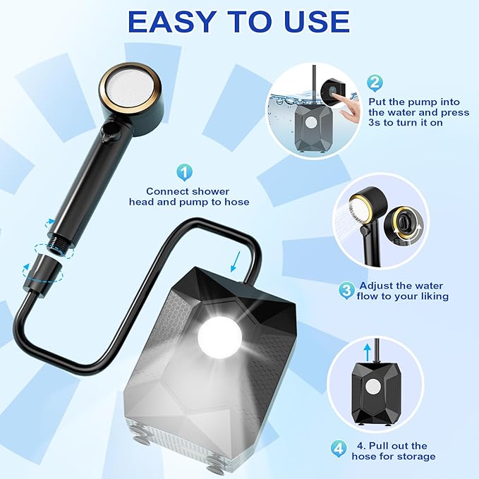 Portable Shower for Camping with 20L Foldable Bucket, 5 Pressure Levels Rechargeable Camping Shower Pump with Camping Light & Intelligent LED Display, 6000mAh Outdoor Shower for Hiking, Travel, Car