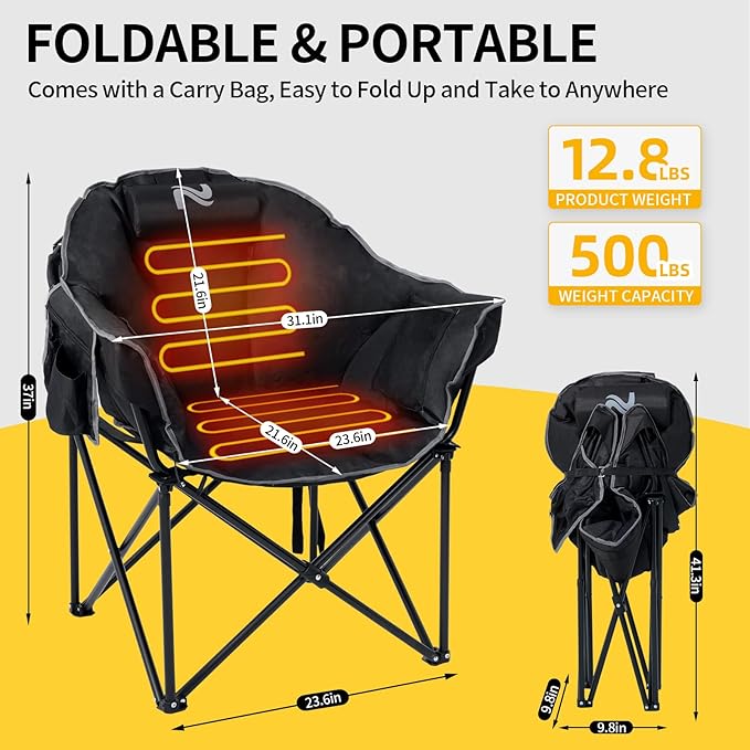 NAIZEA Heated Camping Chair, Oversized Heated Folding Outdoor Chair for Adults with 3 Heat Levels, Portable Foldable Patio Lounge Chair for Sports Outdoors Camp, Power Bank 20000mAh