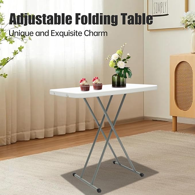 Adjustable Folding Table – 30" x 20" Foldable Desk with 3 Height Settings (18", 25", 29"), Lightweight Small Table for Camping, Outdoor, Indoor, Bedside Use, Portable White Granite Table