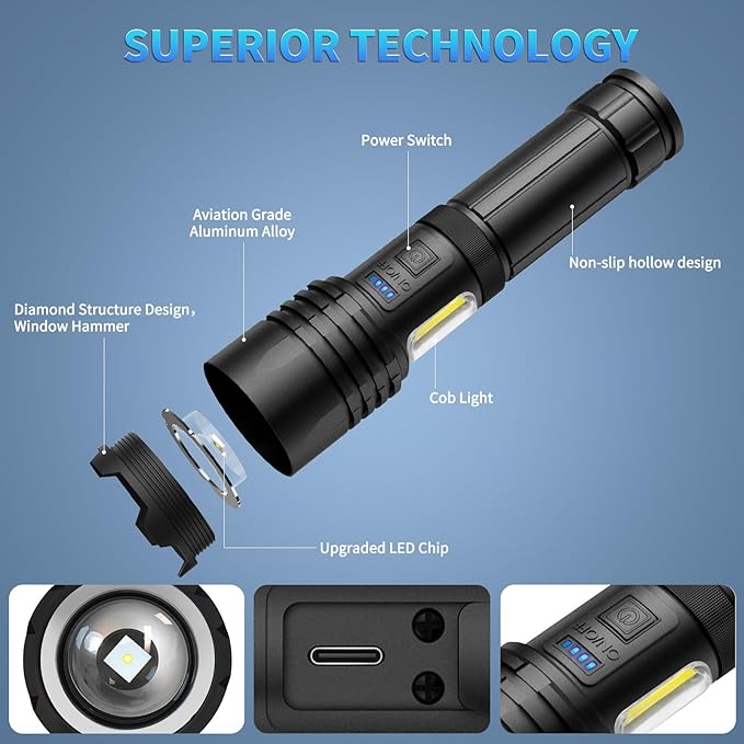 Rechargeable Flashlights High Lumens, 9000 LM Super Bright Flashlight with 7 Modes, Adjustable Powerful Flash Light with COB Light, Waterproof Handheld Flashlight for Home Camping Hunting