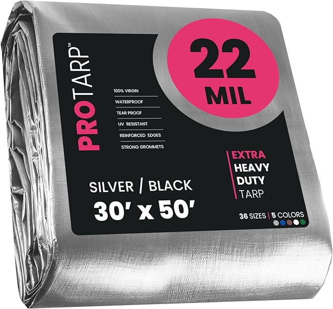 PROTARP Extreme Heavy Duty 22 Mil Tarp Cover, Waterproof, UV Resistant, Rip and Tear Proof, Poly Tarpaulin with Reinforced Edges for Roof, Camping, Patio, Pool, Boat. (Silver/Black 30′ X 50′)