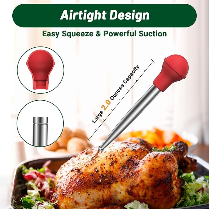 Vondior Turkey Baster for Cooking, Food Grade Stainless Steel Turkey Baster Syringe with Barbecue Basting Brush and 2 Marinade Injector Needles and Cleaning Brush, Red