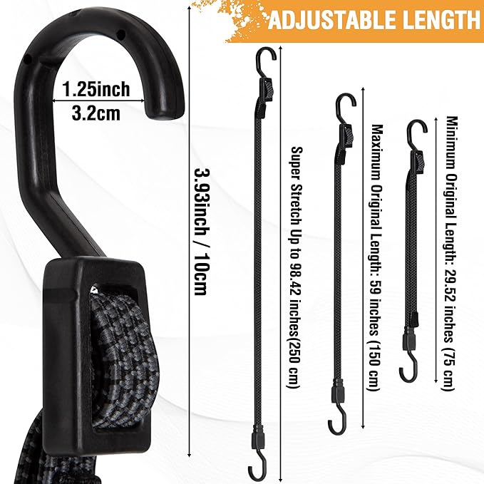 Bungee Cords with Hooks Heavy Duty, Flat Adjustable Bungee Cords with Hooks 60 Inch, Rubber Black Bungee Straps with Buckle Hooks for Outdoor, Camping, Tarps, Bike Rack, Tent, Truck, 4 Pack