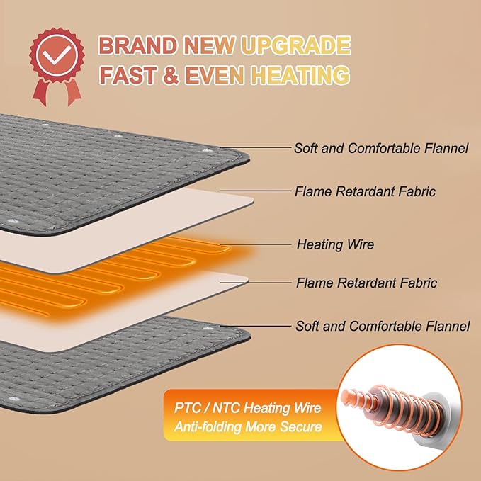 Heating Pad, Electric Heating Pad 24"X12" for Back Neck Shoulder Belly Heating Technology, Ultra-Soft Moist & Dry Therapy Heat Pad with 10 Temperature Settings 3 Timer, Automatic Switch-Off, Grey