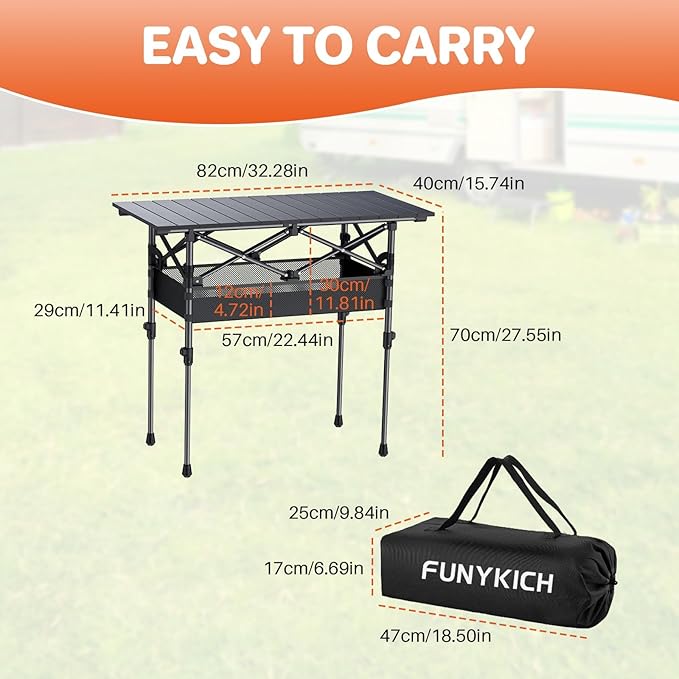 FUNYKICH Folding Camping Table(L32.3''xW15.7''), Aluminum Roll-up Portable Picnic Table with 2 Adjustable Height, Large Storage and Carrying Bag for Picnic, Camping, BBQ, Party, Backyard, Beach