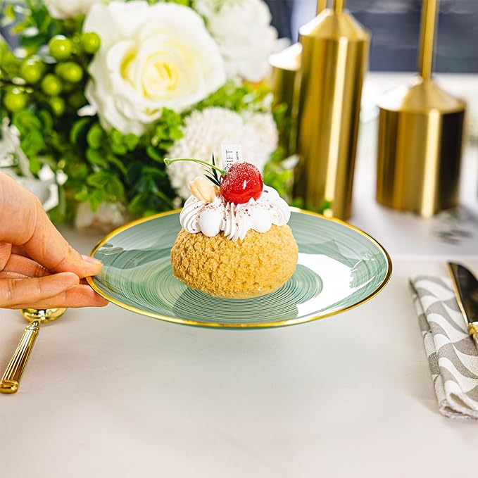 100PCS Transparent Green Gold Plastic Plates, 7 Inch Heavy Duty Disposable Dessert Plate with Gold Rim, Round Appetizer/Salad Plates for Wedding, Party, Camping, Picnic