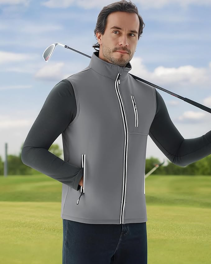 WULFUL Men's Windproof Lightweight Golf Vest Outerwear with Pockets, Softshell Sleeveless Jacket for Travel Hiking Running