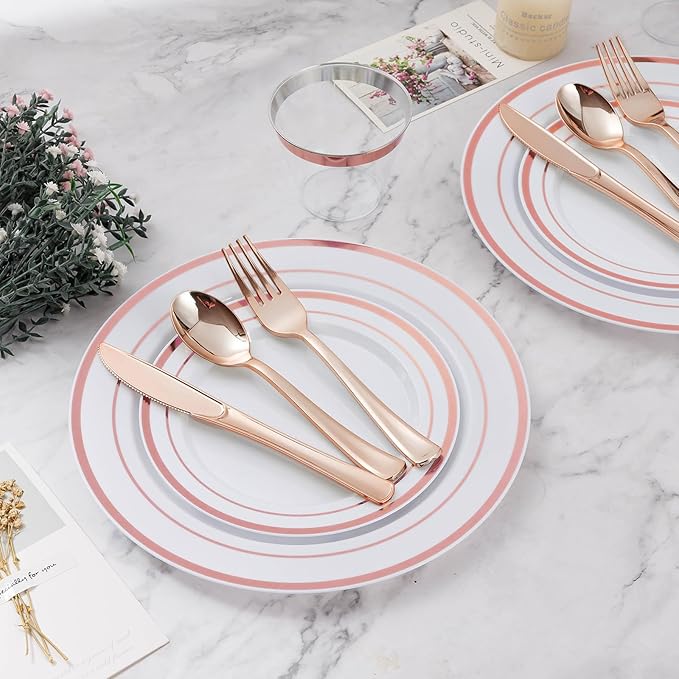 300PCS Plastic Dinnerware Set (50 Guests), Rose Gold Disposable Plates for Party, Wedding, Christmas, Anniversary, Includes: Dinner Plates, Dessert Plates, Cups, Spoons, Forks and Knives