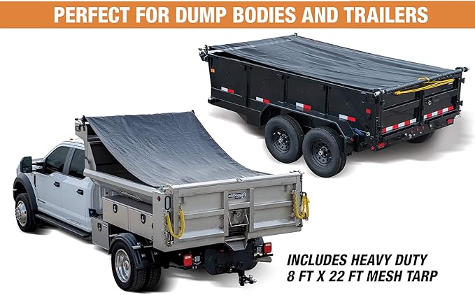 Buyers Products DTR8022 Manual Alumium Tarp System, 8 FT x 22 FT Mesh Tarp, Without Deflector, Dump Body Tarp Kit, Dump Trailer Accessories, Dump Body Accessories, Black
