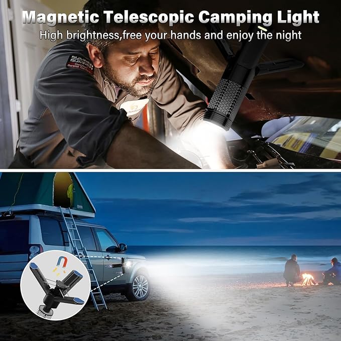 Telescopic Camping Light - 10500mAh Rechargeable Camping Lantern with Storage Bag, Dimmable Magnetic Tent Lamp, Waterproof Camp Light Outdoor Work Emergency Lights for Home Power Outage, Hiking -Black