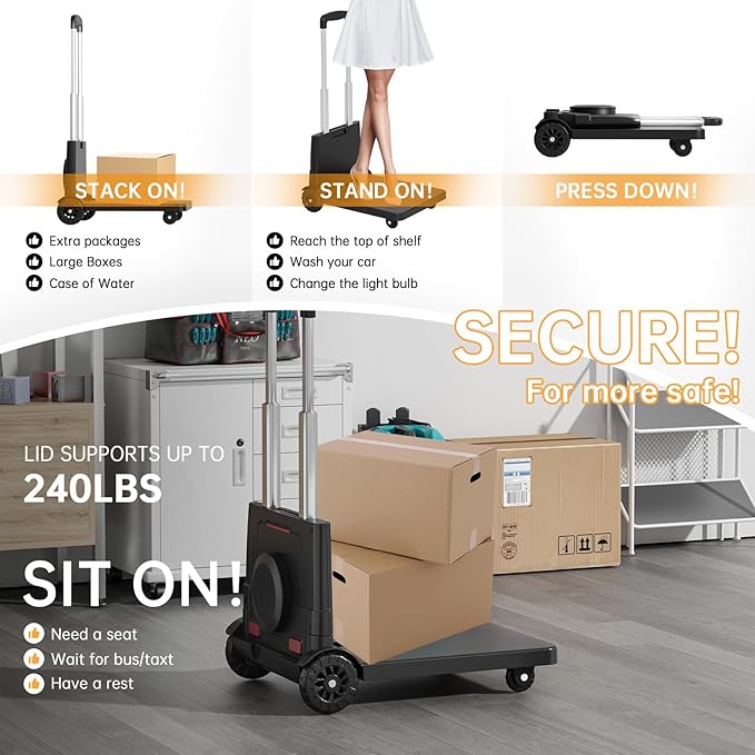 Folding Trolley for Moving, 220 lbs Heavy Duty Luggage,4 Wheel Foldable,Expandable Platform with Bungee Cord, Portable Moving Utility Carts Trolley Cart, (Black, M)