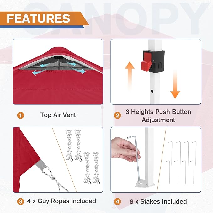 EAGLE PEAK Pop Up Canopy Tent with 1 Sidewall, Easy Setup Event Tent, Outdoor Sun Shade, Wheeled Carry Bag, Stakes and Guy Ropes, Instant Canopy 10x10, Red