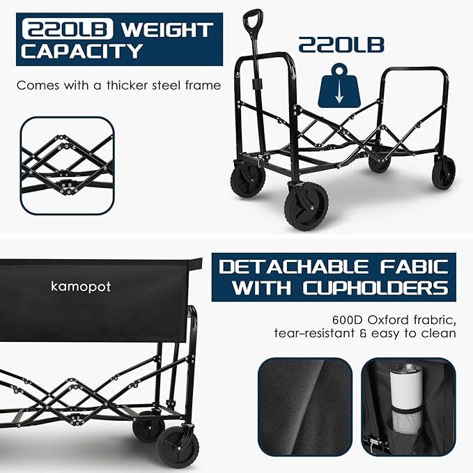 Large Collapsible Wagon Foldable for Grocery, Beach, Park, Yard, 34 x 18 Inch Inner Storage. Folding Utility Shopping Cart on Wheels. Heavy Duty, Durable w/Cupholders (Black)