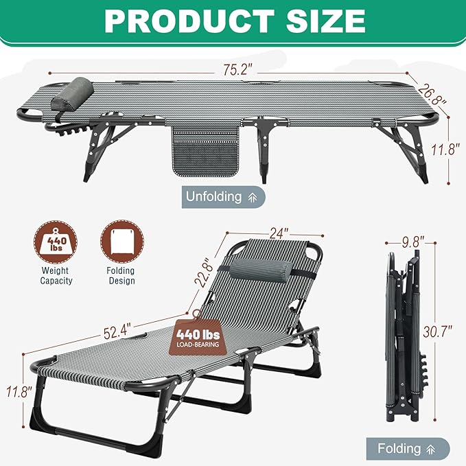 Camping Cot, Adjustable 4-Position Adults Reclining folding Chaise with Pillow, Outdoor portable Lounge Chair Sleeping Cots Bed, Perfect for Camping, Pool, Beach, Patio, Navy Blue